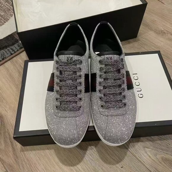 NIB Authentic Gucci Metallic Silver Glitter Bambi Web Detail Studded sneaker - Picture 2 of 5